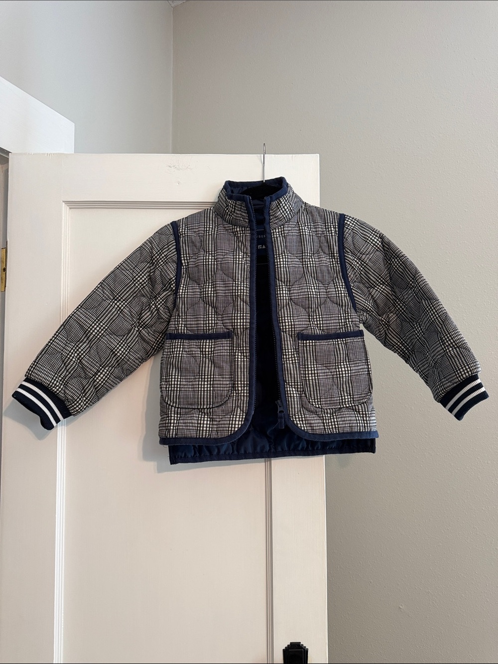 Plaid Quilted Kids Jacket with Navy Trim